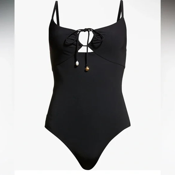 Tory Burch Women's Solid Black Ruched Tie Front One Piece Swimsuit Size XS - Picture 1 of 8